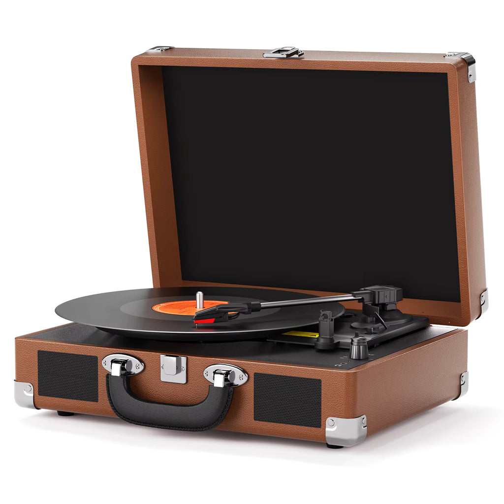 Platine vinyle vintage 3 vitesses, enceintes stéréo intégrées, mallette portable