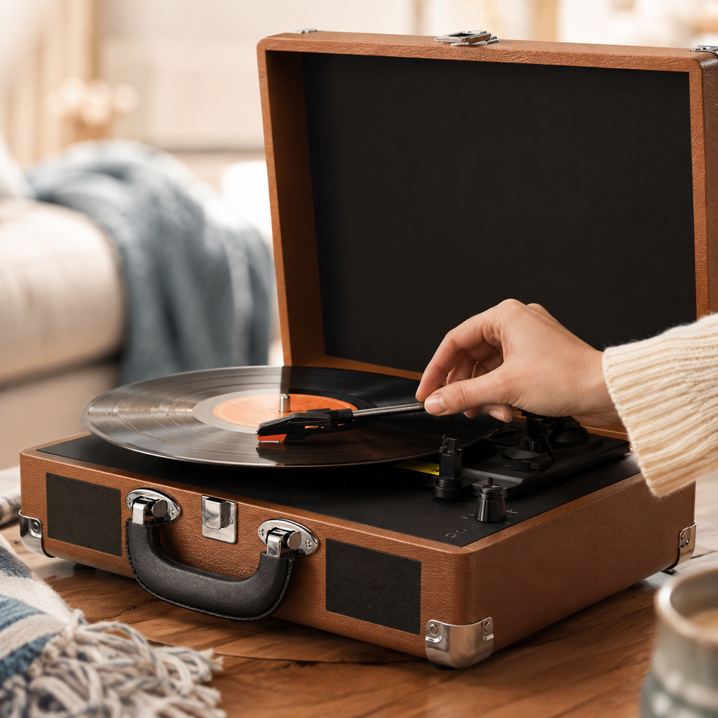 Platine vinyle vintage 3 vitesses, enceintes stéréo intégrées, mallette portable