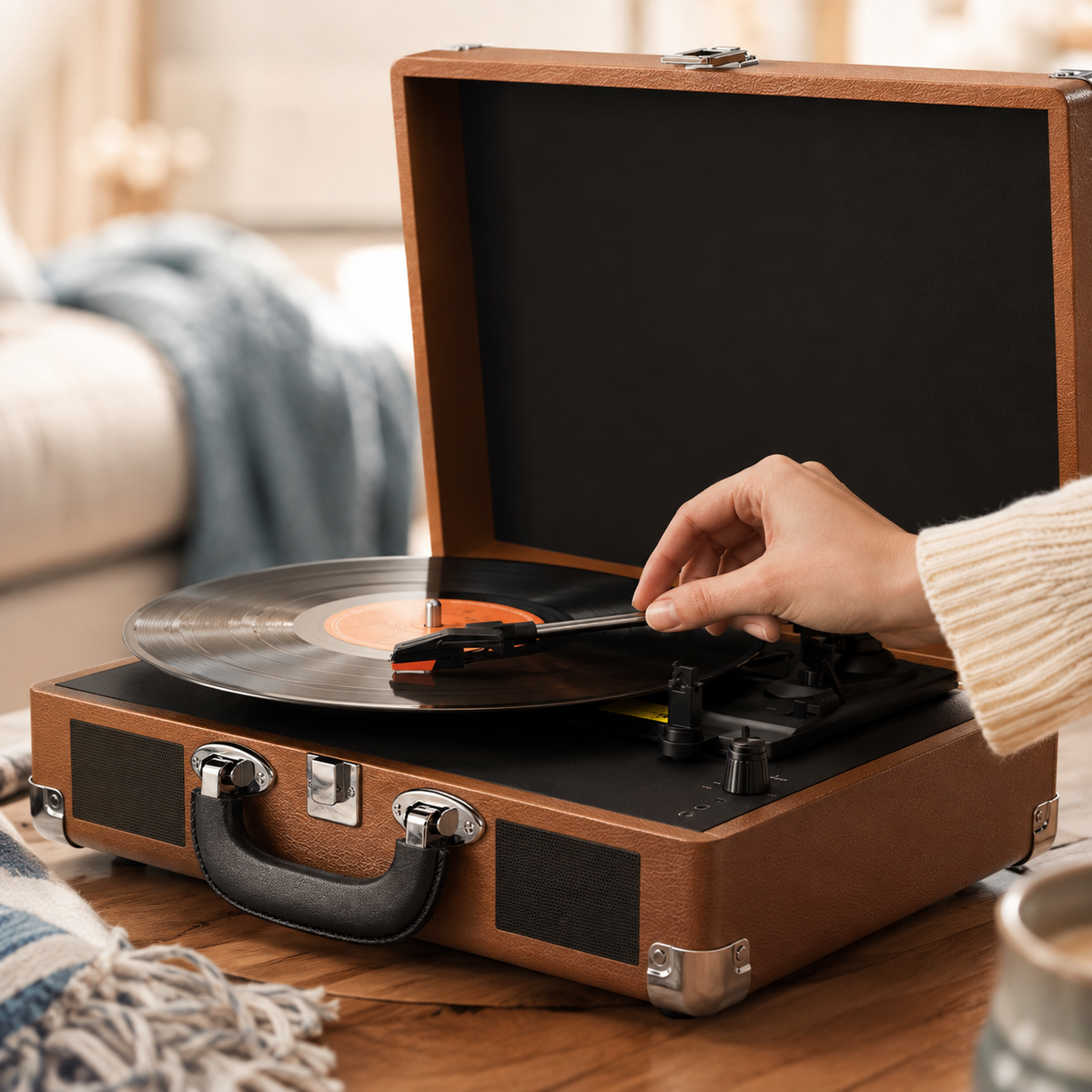 Platine vinyle vintage 3 vitesses, enceintes stéréo intégrées, mallette portable